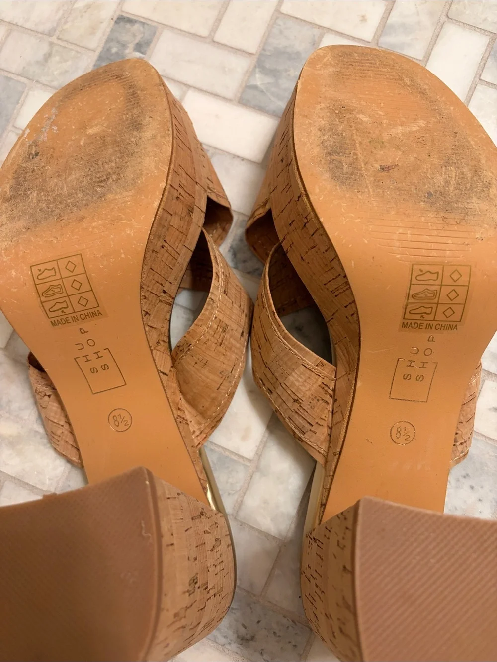 ShuShop Gold Footbed Cork Crossband Wedge Sandals
